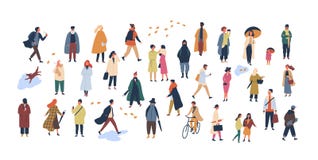 A multidão de povos minúsculos vestiu-se na roupa ou no vestuário do outono que andam na rua e que executam atividades exteriores ilustração do vetor A multidão de povos minúsculos vestiu-se na roupa ou no vestuário do outono que andam na rua e que executam atividades exteriores ilustração do vetor