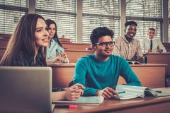 Multinational group of cheerful students taking an active part in a lesson while sitting in a lecture Hall. royalty free stock images Multinational group of cheerful students taking an active part in a lesson while sitting in a lecture Hall. royalty free stock images