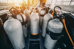 Multiple scuba diving tanks ready for use royalty free stock photography Multiple scuba diving tanks ready for use royalty free stock photography