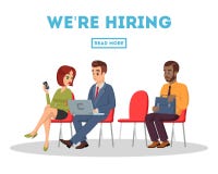 Multiracial men and woman, graduated sit on chairs in queue before job interview. stock illustration Multiracial men and woman, graduated sit on chairs in queue before job interview. stock illustration