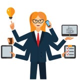 Multitasking businesswoman cartoon flat vector illustration concept on isolated white background royalty free illustration Multitasking businesswoman cartoon flat vector illustration concept on isolated white background royalty free illustration