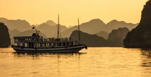 Mummel skäller länge öar, turist- fartyg och seascape i aftonen med den guld- ljusa reflexionen på vatten, mummel länge, Vietnam royaltyfri bild Mummel skäller länge öar, turist- fartyg och seascape i aftonen med den guld- ljusa reflexionen på vatten, mummel länge, Vietnam royaltyfri bild