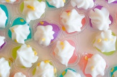 Mung Bean Flour Coconut Dessert nella fine della gelatina su nel fondo floreale del piatto bianco della schiuma, dolci tailandesi Fotografia Stock Libera da Diritti Mung Bean Flour Coconut Dessert nella fine della gelatina su nel fondo floreale del piatto bianco della schiuma, dolci tailandesi Fotografia Stock Libera da Diritti