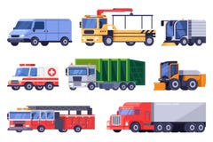 Municipal city road transport and machinery equipment set. Vector flat vehicle illustration. stock illustration Municipal city road transport and machinery equipment set. Vector flat vehicle illustration. stock illustration