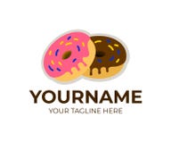 Munkar i glasyr, donuts och läckra söta degcirklar, logomall Söt efterrätt, mat och konfekt, vektordesign royaltyfri illustrationer Munkar i glasyr, donuts och läckra söta degcirklar, logomall Söt efterrätt, mat och konfekt, vektordesign royaltyfri illustrationer