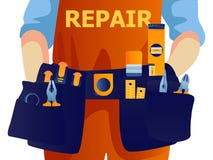 Muratore con la cinghia dello strumento Il riparatore piano dell'illustrazione di stile di vettore ha isolato royalty illustrazione gratis Muratore con la cinghia dello strumento Il riparatore piano dell'illustrazione di stile di vettore ha isolato royalty illustrazione gratis