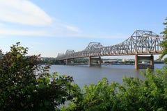 Murry Baker Bridge glows at sunset over the Illinois River royalty free stock photo Murry Baker Bridge glows at sunset over the Illinois River royalty free stock photo