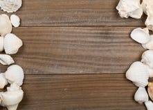 Muschelrahmen auf braunen hölzernen Brettern lizenzfreie stockbilder Muschelrahmen auf braunen hölzernen Brettern lizenzfreie stockbilder