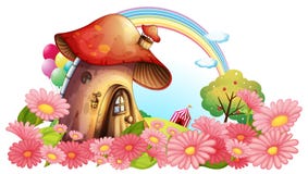 A mushroom house with a garden of flowers