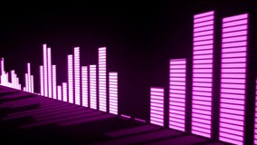 Music control levels. Glow pink-violet audio equalizer bars moving with the reflection from the mirror surface.