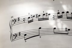 Music notation of Bach in naturally structured light close up
