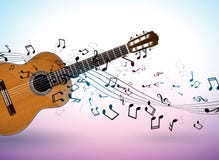 Musikbanerdesign med den akustiska gitarren och fallande anmärkningar på ren bakgrund Vektorillustrationmall för stock illustrationer Musikbanerdesign med den akustiska gitarren och fallande anmärkningar på ren bakgrund Vektorillustrationmall för stock illustrationer