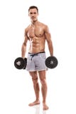 Muskulöser Bodybuilderkerl, der Übungen mit Dummköpfen tut stockfotografie Muskulöser Bodybuilderkerl, der Übungen mit Dummköpfen tut stockfotografie