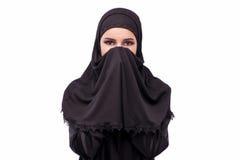 The muslim woman in black dress isolated on white stock photos The muslim woman in black dress isolated on white stock photos