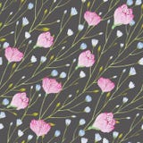 Muster von dünnen Zweigen des Aquarells mit den blauen und rosa Blumen auf einem grauen Hintergrund vektor abbildung Muster von dünnen Zweigen des Aquarells mit den blauen und rosa Blumen auf einem grauen Hintergrund vektor abbildung