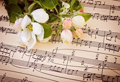Muzikale achtergrond met appelbloemen stock fotografie Muzikale achtergrond met appelbloemen stock fotografie
