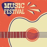 Muzyczny plakatowy retro tło z gitarą akustyczną na starym papierze ilustracji Muzyczny plakatowy retro tło z gitarą akustyczną na starym papierze ilustracji