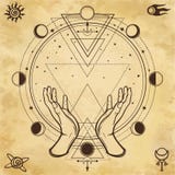 Mysterious drawing: human hands hold a magic circle, sacred geometry. Space symbols. royalty free illustration Mysterious drawing: human hands hold a magic circle, sacred geometry. Space symbols. royalty free illustration