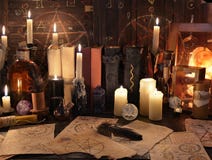 Mystic still life with magic objects, books and candles