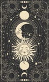 Mystical drawing of sun with face, moon and crescent moon, background for tarot card, magic boho illustration. Golden sun with