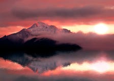 Mysticuszonsondergang met bergbezinning en meer stock foto Mysticuszonsondergang met bergbezinning en meer stock foto
