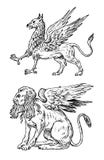 Mythological animals. Mythical Sphinx and antique Griffin. Ancient Birds, fantastic creatures in the old vintage style vector illustration Mythological animals. Mythical Sphinx and antique Griffin. Ancient Birds, fantastic creatures in the old vintage style vector illustration