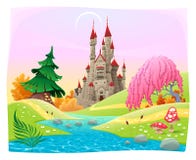 Mythological landscape with medieval castle. stock illustration Mythological landscape with medieval castle. stock illustration