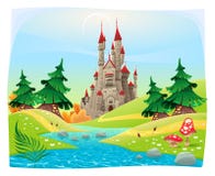 Mythological landscape with medieval castle. stock illustration Mythological landscape with medieval castle. stock illustration
