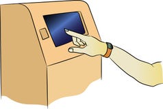 Máquina del cajero automático del vector con el accesorio Terminal para el pago La mano con una pulsera de la aptitud se incluye ilustración del vector Máquina del cajero automático del vector con el accesorio Terminal para el pago La mano con una pulsera de la aptitud se incluye ilustración del vector