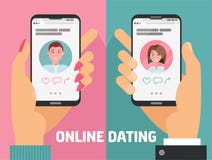 Mâle et mains femelles avec des téléphones avec l'appli datant en ligne Homme, femme tenant des smartphones avec dater le profil illustration de vecteur Mâle et mains femelles avec des téléphones avec l'appli datant en ligne Homme, femme tenant des smartphones avec dater le profil illustration de vecteur