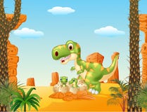 Mãe dos desenhos animados e dinossauro do bebê que choca com o fundo do deserto Fotos de Stock Mãe dos desenhos animados e dinossauro do bebê que choca com o fundo do deserto Fotos de Stock