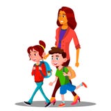 Mãe que anda à escola com as crianças no vetor novo do ano escolar Ilustração isolada ilustração do vetor Mãe que anda à escola com as crianças no vetor novo do ano escolar Ilustração isolada ilustração do vetor