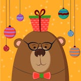 Mão bonito cartão tirado como o urso engraçado com presente e bolas Para crianças, feriados de inverno, aniversário, Natal, ano n ilustração do vetor Mão bonito cartão tirado como o urso engraçado com presente e bolas Para crianças, feriados de inverno, aniversário, Natal, ano n ilustração do vetor