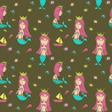 Mão bonito fundo sem emenda tirado do teste padrão da rainha da sereia ilustração stock Mão bonito fundo sem emenda tirado do teste padrão da rainha da sereia ilustração stock