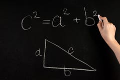 A mão da menina escreve Pythagoras Theorem e triângulo angular com no quadro-negro da escola com giz branco foto de stock A mão da menina escreve Pythagoras Theorem e triângulo angular com no quadro-negro da escola com giz branco foto de stock