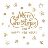 Mão dourada do Feliz Natal e do ano novo feliz tirada rotulando o projeto de cartão ilustração royalty free Mão dourada do Feliz Natal e do ano novo feliz tirada rotulando o projeto de cartão ilustração royalty free