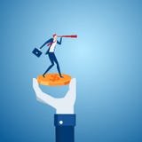 Mão grande que guarda a moeda do dinheiro com suporte do homem de negócios no dinheiro usando o telescópio que procura o investim ilustração stock Mão grande que guarda a moeda do dinheiro com suporte do homem de negócios no dinheiro usando o telescópio que procura o investim ilustração stock