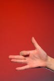 Mão humana, isolada em um fundo vermelho que mostra o sinal do cão, simbolizando a amizade do animal e do homem imagens de stock Mão humana, isolada em um fundo vermelho que mostra o sinal do cão, simbolizando a amizade do animal e do homem imagens de stock