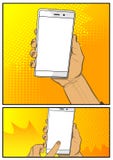 Mão que guarda o telefone celular branco com tela branca ilustração stock Mão que guarda o telefone celular branco com tela branca ilustração stock