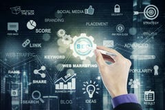 A mão usa a pena do estilete e o ícone de SEO imagens de stock A mão usa a pena do estilete e o ícone de SEO imagens de stock
