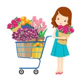 Mädchen und Warenkorb voll von Blumen lizenzfreie abbildung Mädchen und Warenkorb voll von Blumen lizenzfreie abbildung