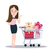 Mädchenfrauenkaufenkaufgeschenkspielzeugpuppenstoß-Laufkatzenwarenkorb lizenzfreie abbildung Mädchenfrauenkaufenkaufgeschenkspielzeugpuppenstoß-Laufkatzenwarenkorb lizenzfreie abbildung