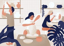 Männer und Frauen, die Töpfe, Töpferware, Tonware und andere Keramik an der Tonwarenwerkstatt machen und verzieren Gruppe von Per vektor abbildung Männer und Frauen, die Töpfe, Töpferware, Tonware und andere Keramik an der Tonwarenwerkstatt machen und verzieren Gruppe von Per vektor abbildung