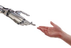 Människa och robot som trycker på illustrationen som 3d isoleras på vit bakgrund royaltyfri illustrationer Människa och robot som trycker på illustrationen som 3d isoleras på vit bakgrund royaltyfri illustrationer