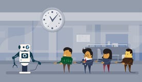 Människa Vs modernt begrepp för konstgjord intelligens för dragande rep för grupp för Robotic för robotar och affärsfolk stock illustrationer Människa Vs modernt begrepp för konstgjord intelligens för dragande rep för grupp för Robotic för robotar och affärsfolk stock illustrationer