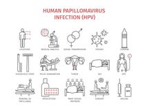 Mänsklig papillomavirusinfektion HPV Tecken behandling Linje symbolsuppsättning vektor royaltyfri illustrationer Mänsklig papillomavirusinfektion HPV Tecken behandling Linje symbolsuppsättning vektor royaltyfri illustrationer