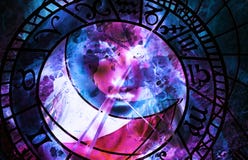 Målninggudinnakvinna och zodiak Datorcollage och marmorstruktur stock illustrationer Målninggudinnakvinna och zodiak Datorcollage och marmorstruktur stock illustrationer