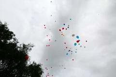 Mång--färgade ballonger som är utsläppta i fritt flyg arkivfoto Mång--färgade ballonger som är utsläppta i fritt flyg arkivfoto