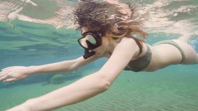 Młoda kobieta w swimsuit pływać podwodny w snorkeling tubce i masce Dziewczyna snorkeling i ogląda rafę koralową i zbiory Młoda kobieta w swimsuit pływać podwodny w snorkeling tubce i masce Dziewczyna snorkeling i ogląda rafę koralową i zbiory