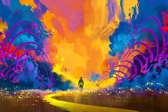 Mężczyzna chodzi abstrakcjonistyczny kolorowy krajobraz ilustracja wektor Mężczyzna chodzi abstrakcjonistyczny kolorowy krajobraz ilustracja wektor